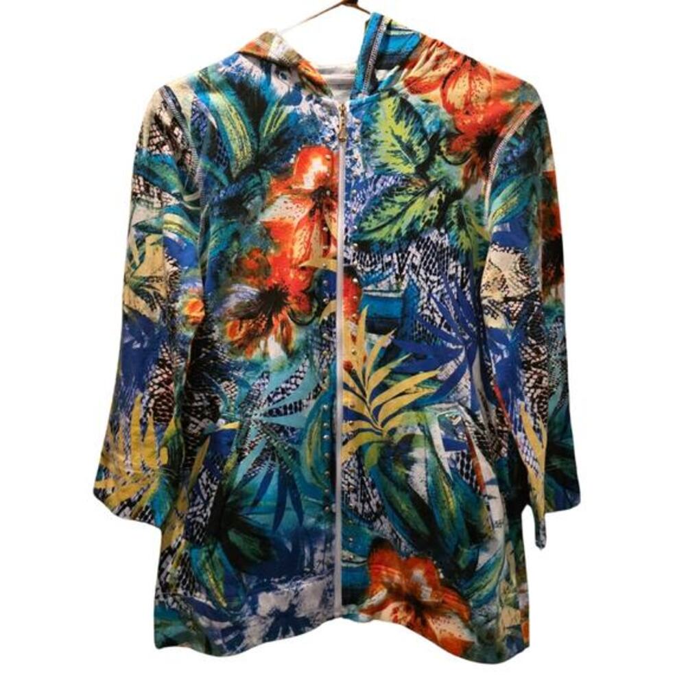 Onique Casuals Hooded Jacket Women Sz S Floral‎ Full Zip Stretch Pockets